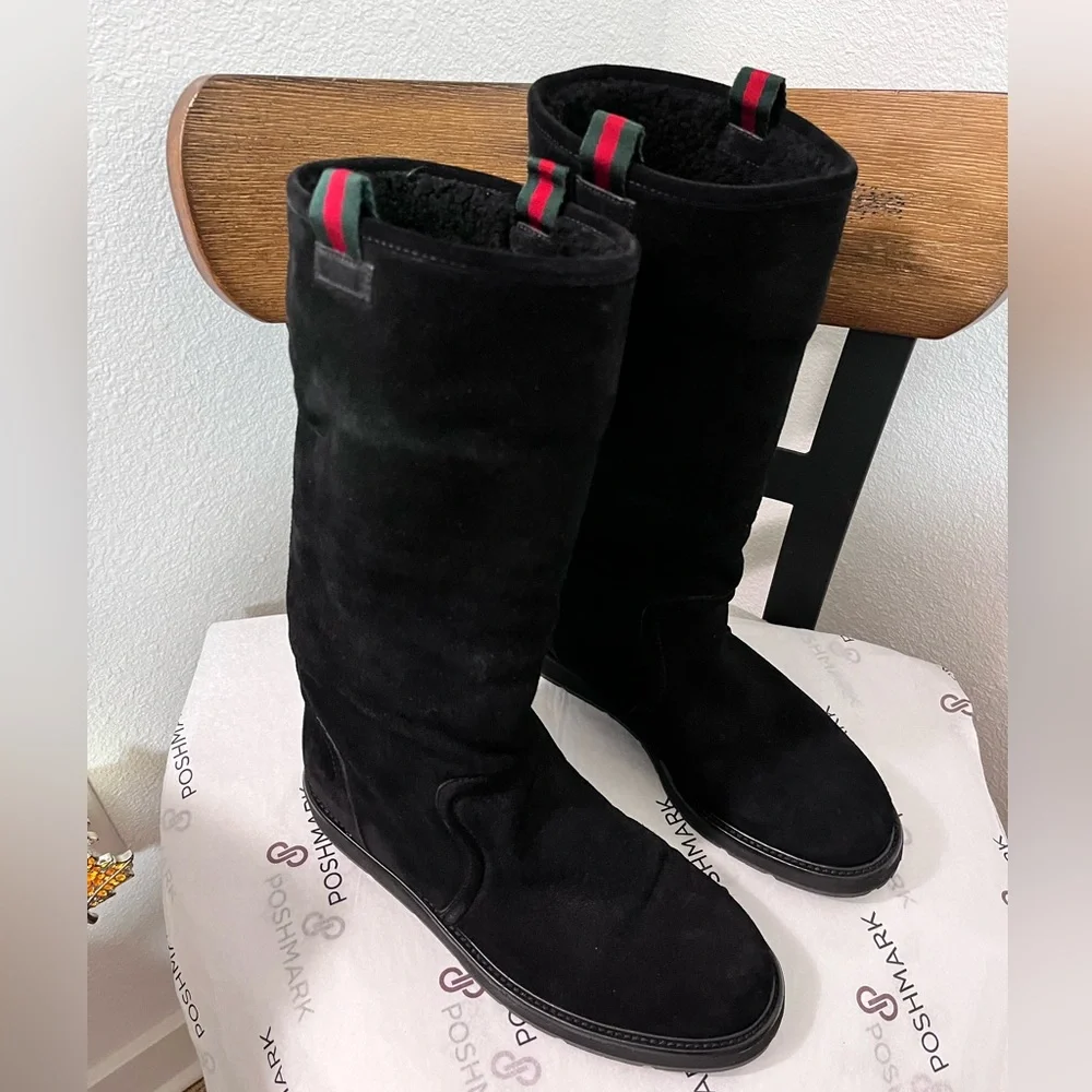 GUCCI SAINT MORITZ PRE-LOVED RARE AUTHENTIC BLK SUEDE LEATHER  SHEARLING BOOTS